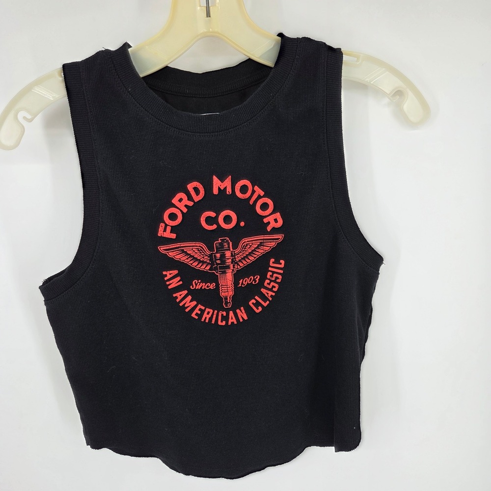 Hybrid Apparel Ford Motor Co Graphic Ribbed Crop Tank Top Black Red Womens Large
